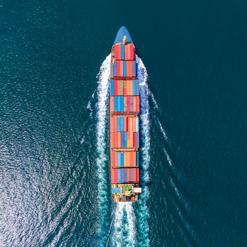 Aerial view of a container ship at sea